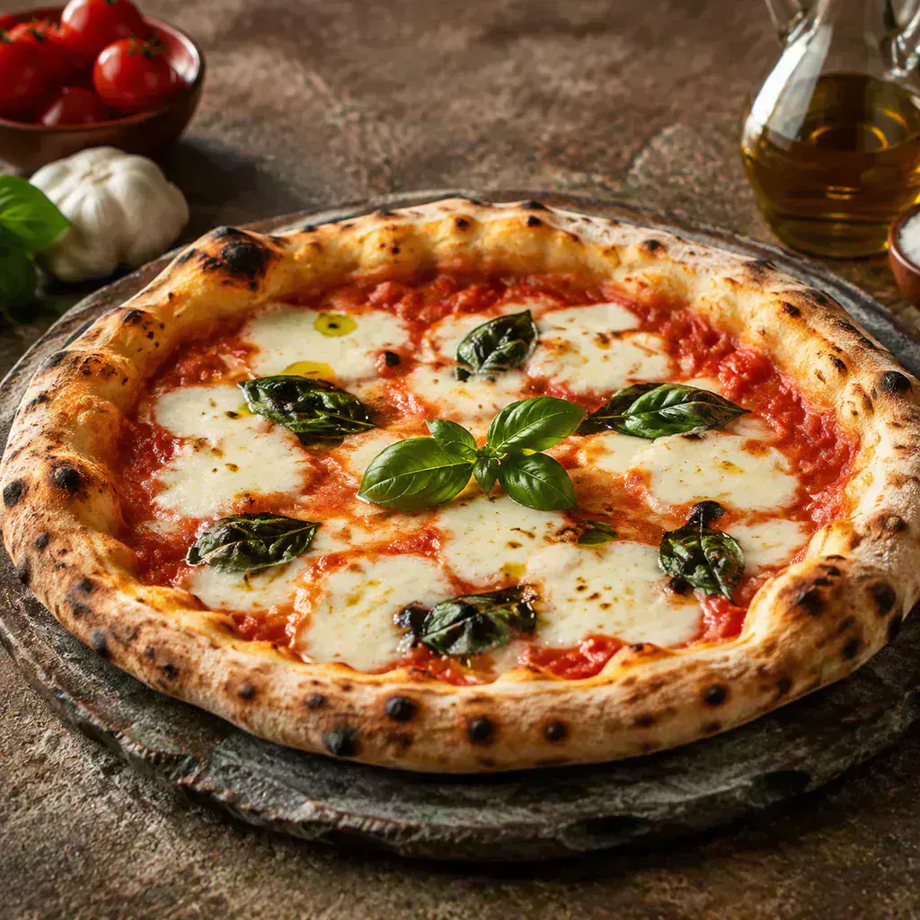 Pizza margarita al horno de leña
