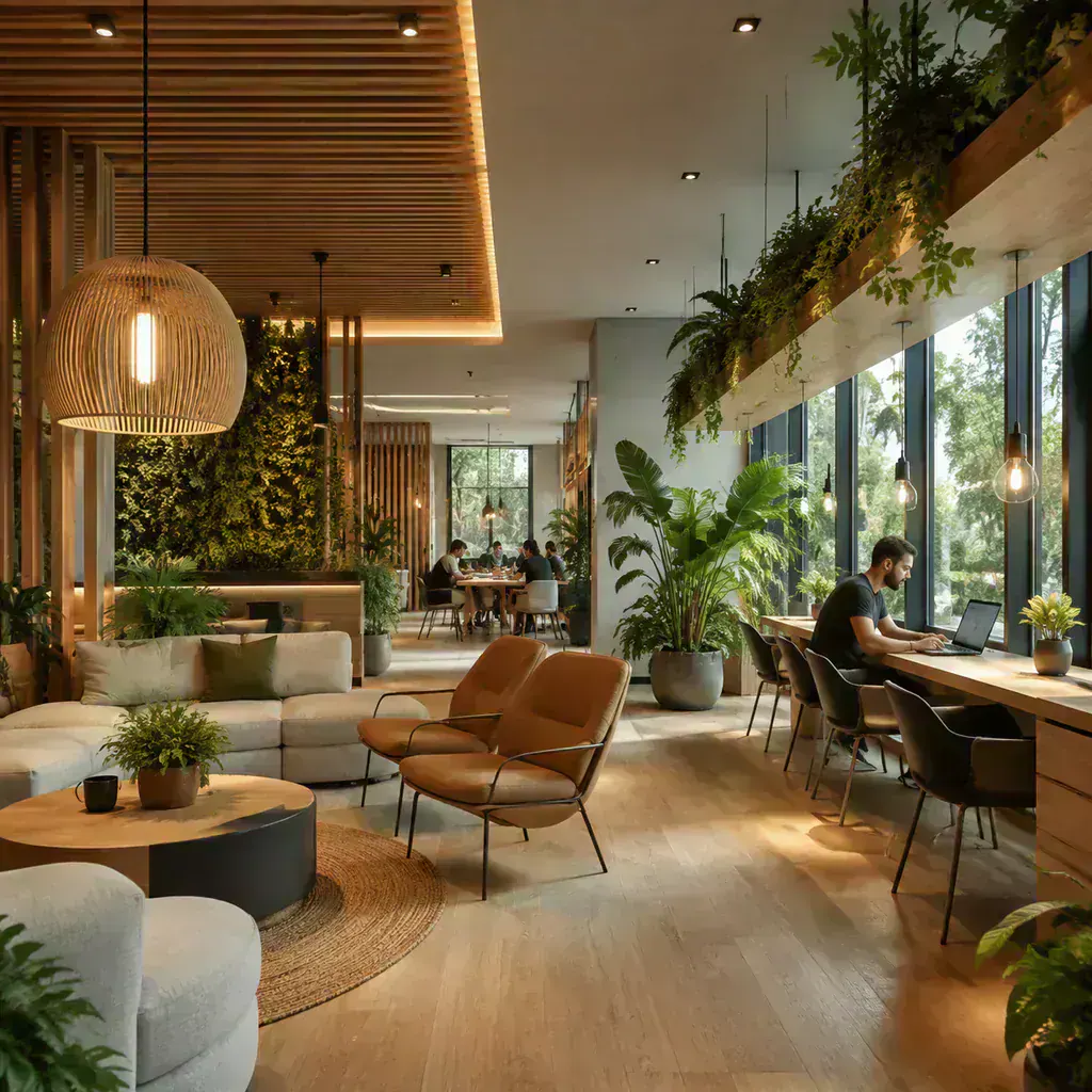 Sala de coworking biofílica