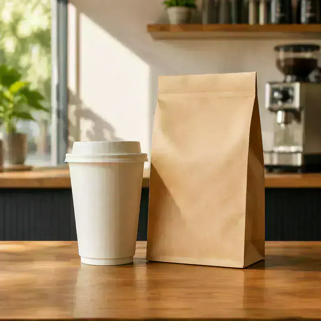 Mockup de vaso y bolsa de café